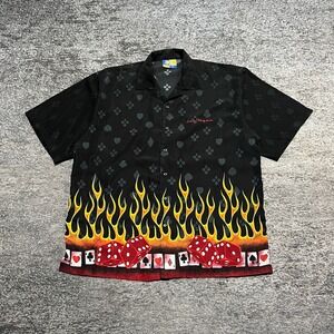 Vintage XNT Button Up Shirt Mens XL Black Flames‎ Dice Grunge Skater Y2K